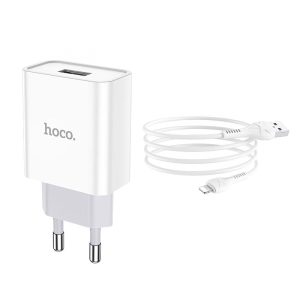 Зарядное устройство HOCO C81A Asombroso single, 2.1A, белый, кабель Lightning