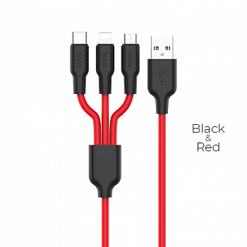Кабель 3 в 1 Hoco X21 Silicone, lightning, micro USB, USB Type-C, черно-красный 1.2 м