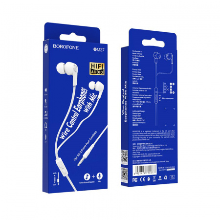Проводные наушники BOROFONE BM37 Noble, Jack 3.5mm, 1.2 м, Белый, контроллер с микрофоном
