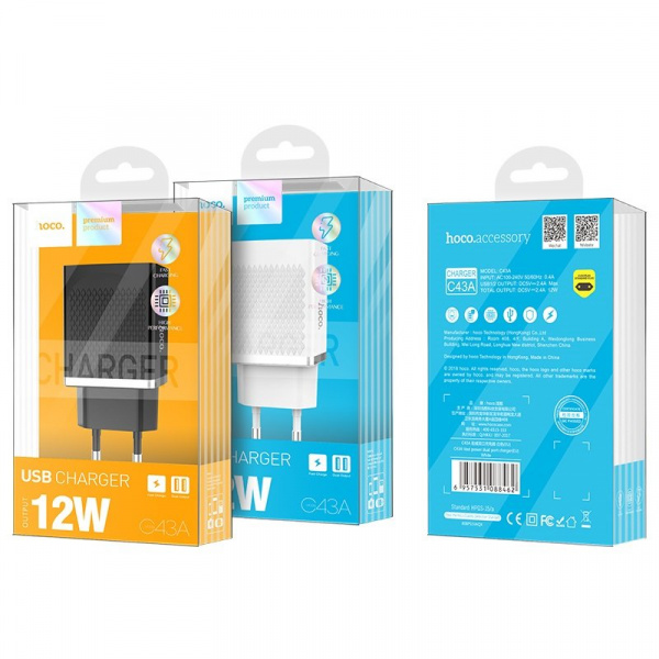 Сетевое зарядное устройство Hoco C43A, 2 USB, 2.4А, черный