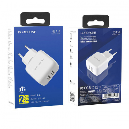 Сетевое зарядное устройство Borofone BA18, 2 USB, 2.1А