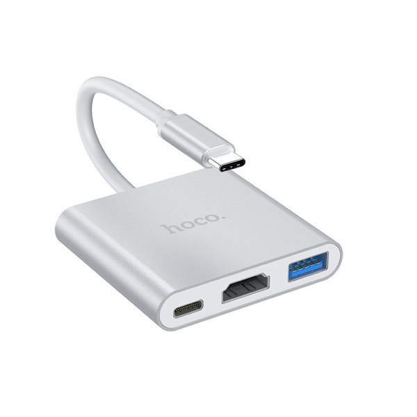 Переходник HOCO HB14 Easy, Type-C - 3xUSB3.0+ HDMI+PD, серебристый